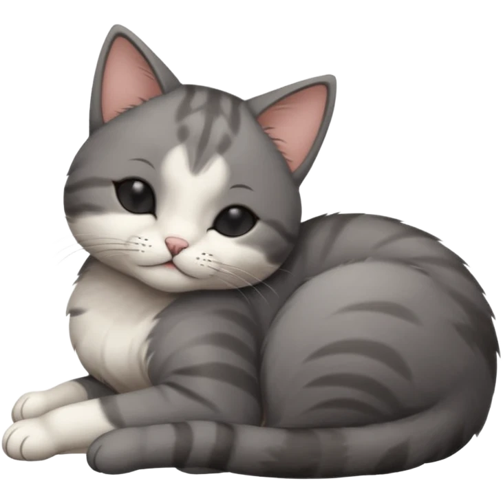 dark grey and white small cat with his eyes closed leaning his head on his paw while leaning on his elbow lying down emoji