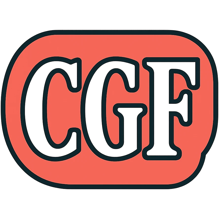 Discord emote, 'CGF' in a classic typeface, white fill, white border, minimal and bold, transparent background, 128x128 emoji