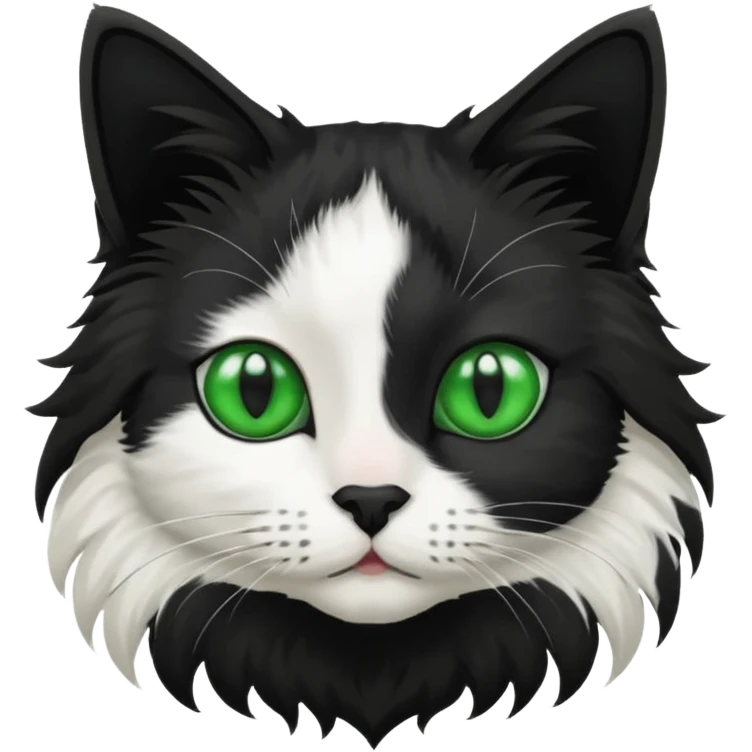 black and white long hair cat. green eyes. black nose. black splotch in the shape of a star near nose (on the right side). emoji