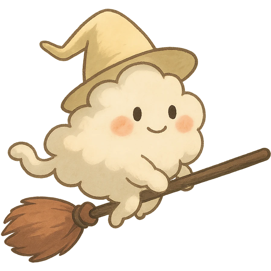 soft vanilla cloud doe with rosy cheeks, floating gracefully like a witch, social media brand mascot, Ghibli style emoji