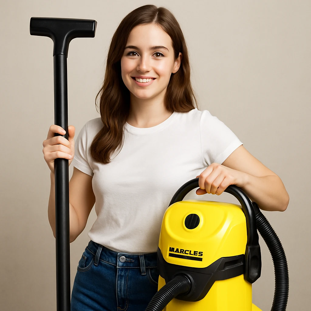 white girl with brown hair holding a Karcher vacuum cleaner, style 4 emoji