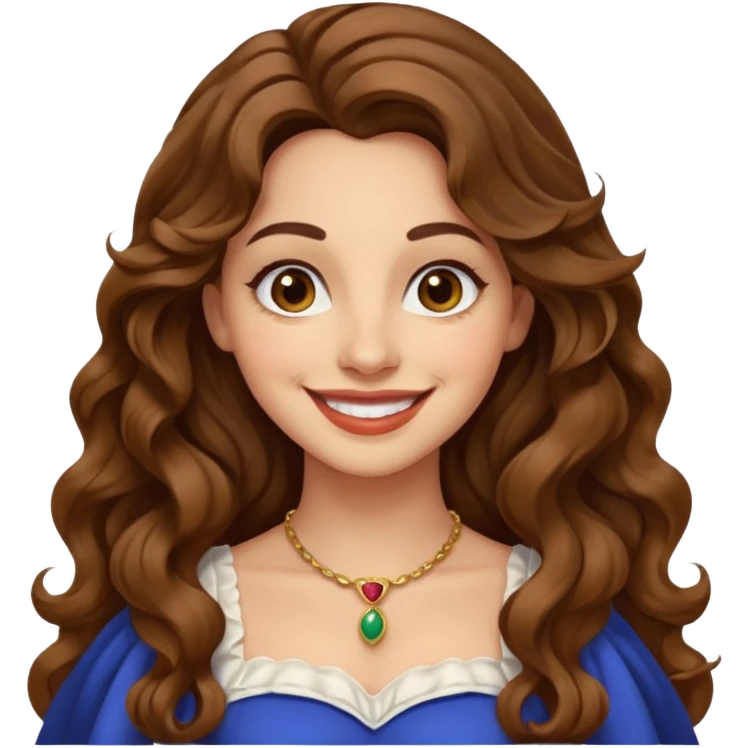 30 yr old italian woman, long brown wavy hair, big brown eyes, huge smile, fancy dress, no bangs,  emoji