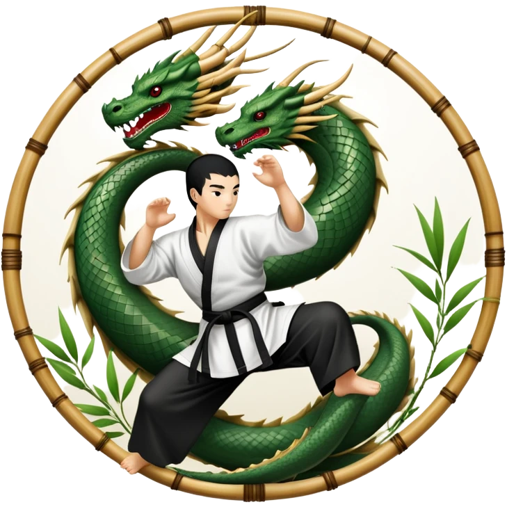An icon symbolizing Eastern martial arts in the style of an emblem, featuring a black-and-white Yin-Yang symbol and a dragon at the center. A martial artist is performing a fluid kick, surrounded by elements like a dojo and bamboo. Transparent background highlights balance and power. emoji