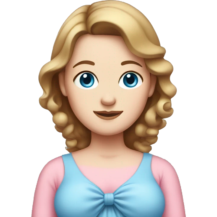 White pregnant lady, with Brown hair and blue eyes. She is wearing a tight pink dress and a bow emoji