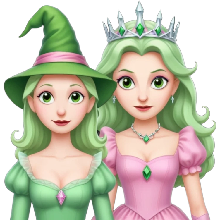 make an emoji of the green wicked witch standind behind the good witch Glinda and being overly protective looking angry and glinda looking happy emoji