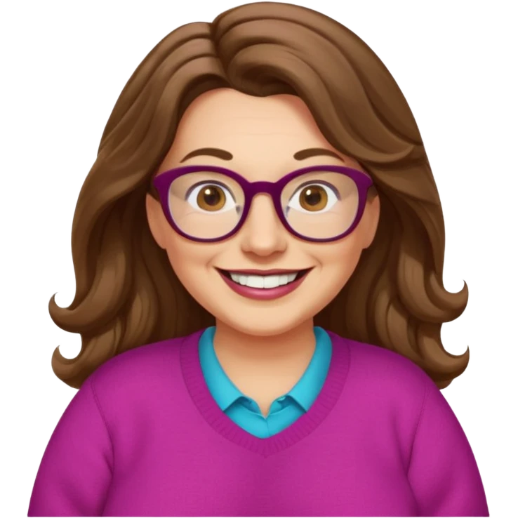 50 yr Caucasian woman, long brown hair parted on side, brown eyes, glasses, big smile, white teeth, fuscia sweater, chubby, wavy hair emoji