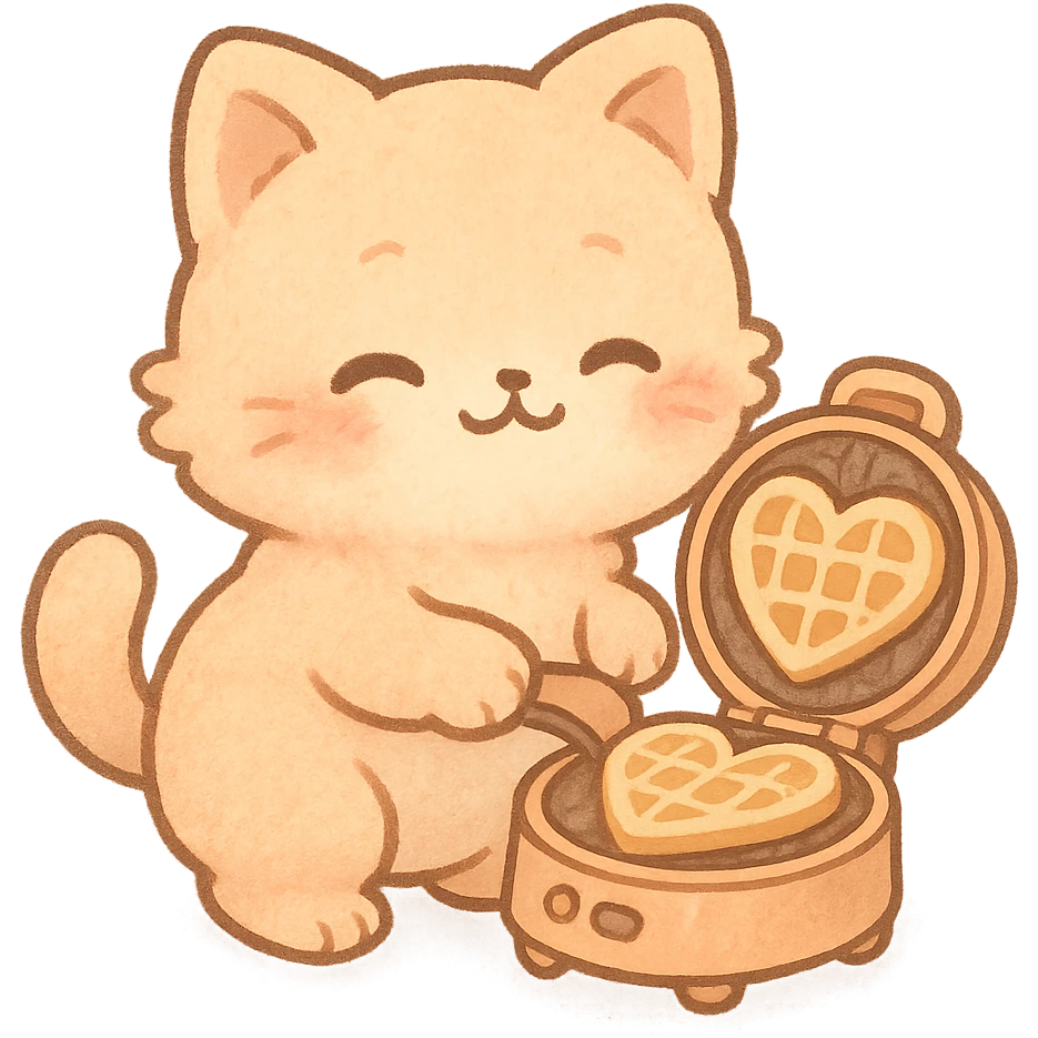 waffle maker cat, chibi style, soft fluffy, showing heart-shaped waffles, pastel orange, full-body emoji
