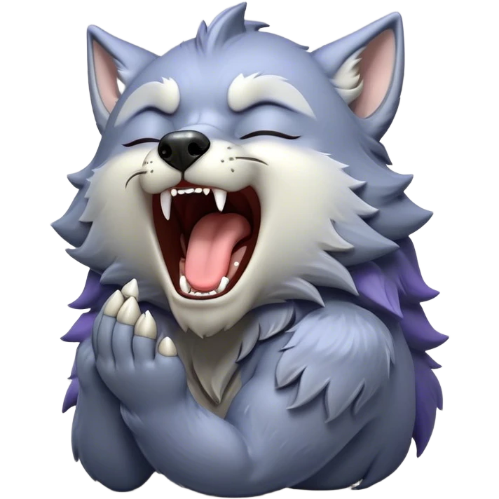 Cinematic Cute Yawning Werewolf Portrait Emoji, with a cuddly, miniature lupine form in soft moonlit grays and silvers, head leaning back in a big, adorable yawn that reveals a few fuzzy teeth, simplified yet irresistibly charming, highly detailed with a soft glowing outline that captures the drowsy, playful essence of a werewolf mid-nap! emoji