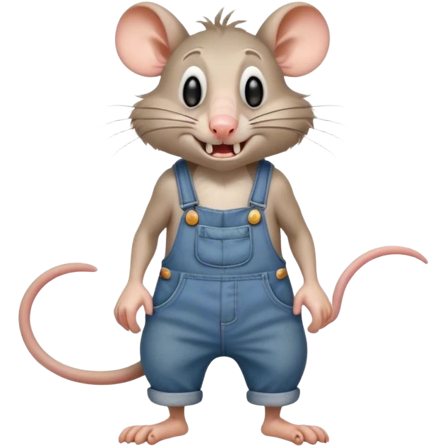 disheveled dizzy cartoon hillbilly frowning rat wearing overalls no shirt. standing and talking full body. human eyes. teeth showing talking. walking talking moving arms. reacting upset emoji