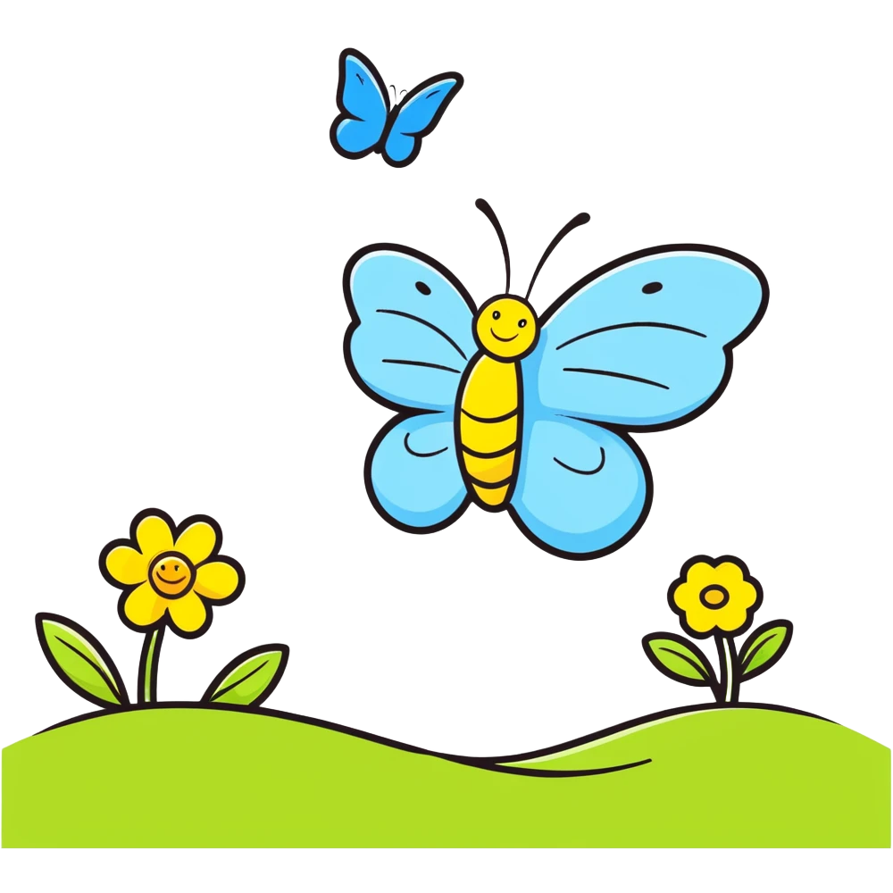 Happy blue butterfly with a big smile flying in a spring meadow with blooming flowers emoji