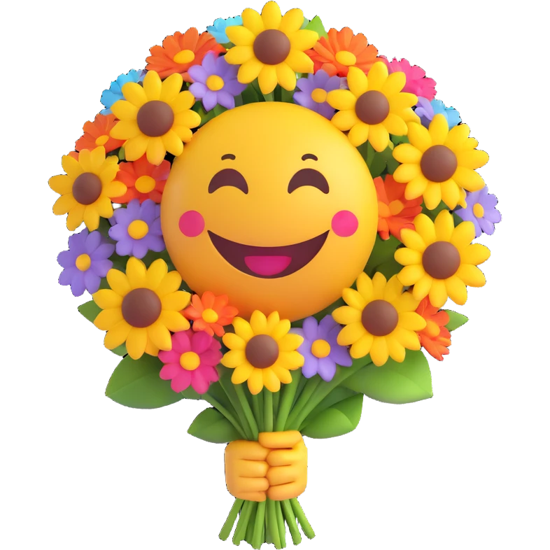 3D smiley emoji, round shape, grandmother with bouquet of flowers, purple color, smiling face emoji