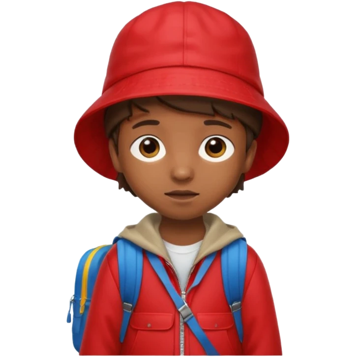 Little student brown wears red bucket hat and jacket, backpack, shy emoji