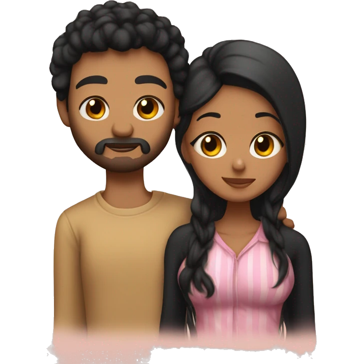 Medium skinned toned short bearded man with black hair kissing medium skin toned girl with black long hair wearing pajamas emoji