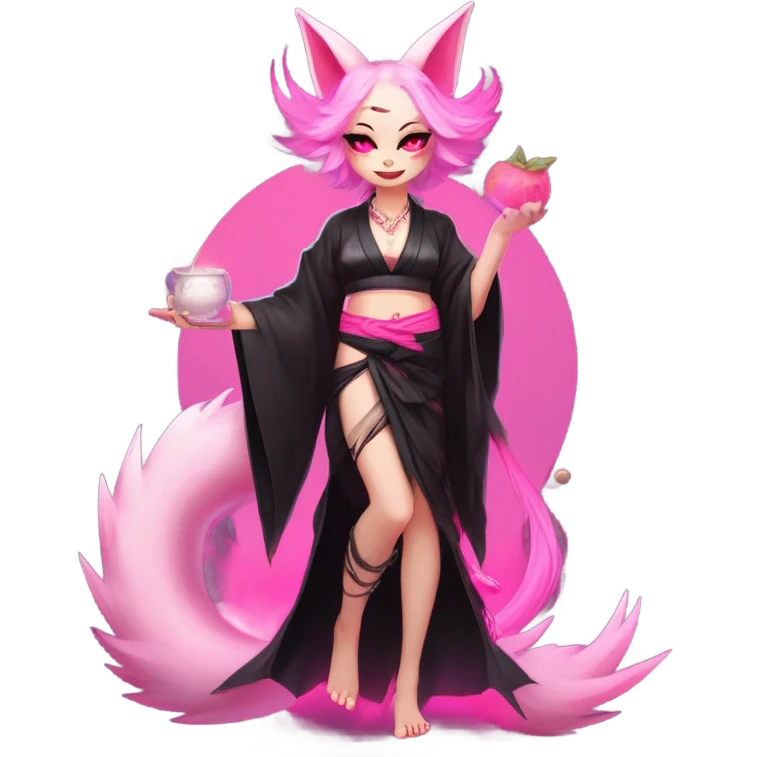 Full body female, succubus kitsune, neon pink eyes, vibrant pink hair, alabaster skin, fluffy black tails, pink tail tips, spiked choker, unique heritage, seductive charm, rebellious spirit, traditional kimonos, spiked anklets, and Barefoot 
 emoji