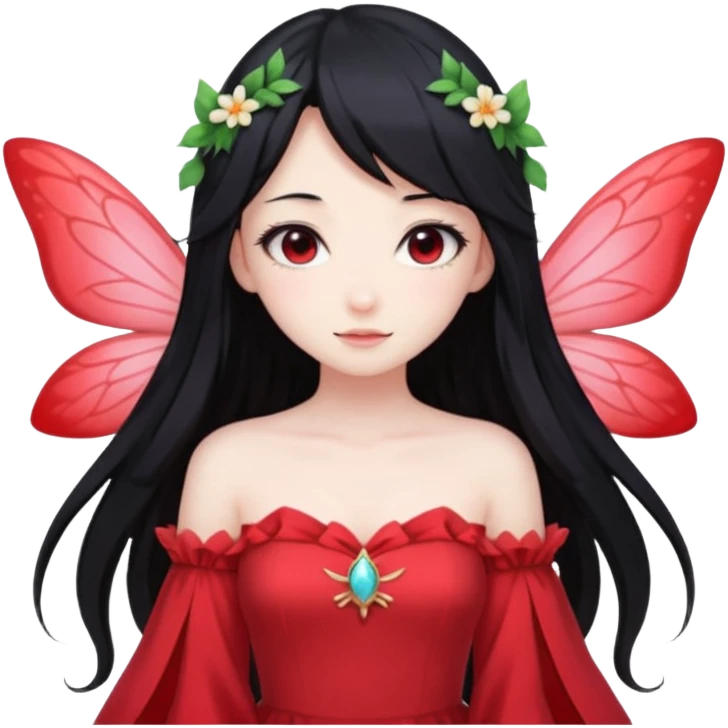 Gothic anime fairy with long beautiful black hair and red dress, pastelcore, emoji