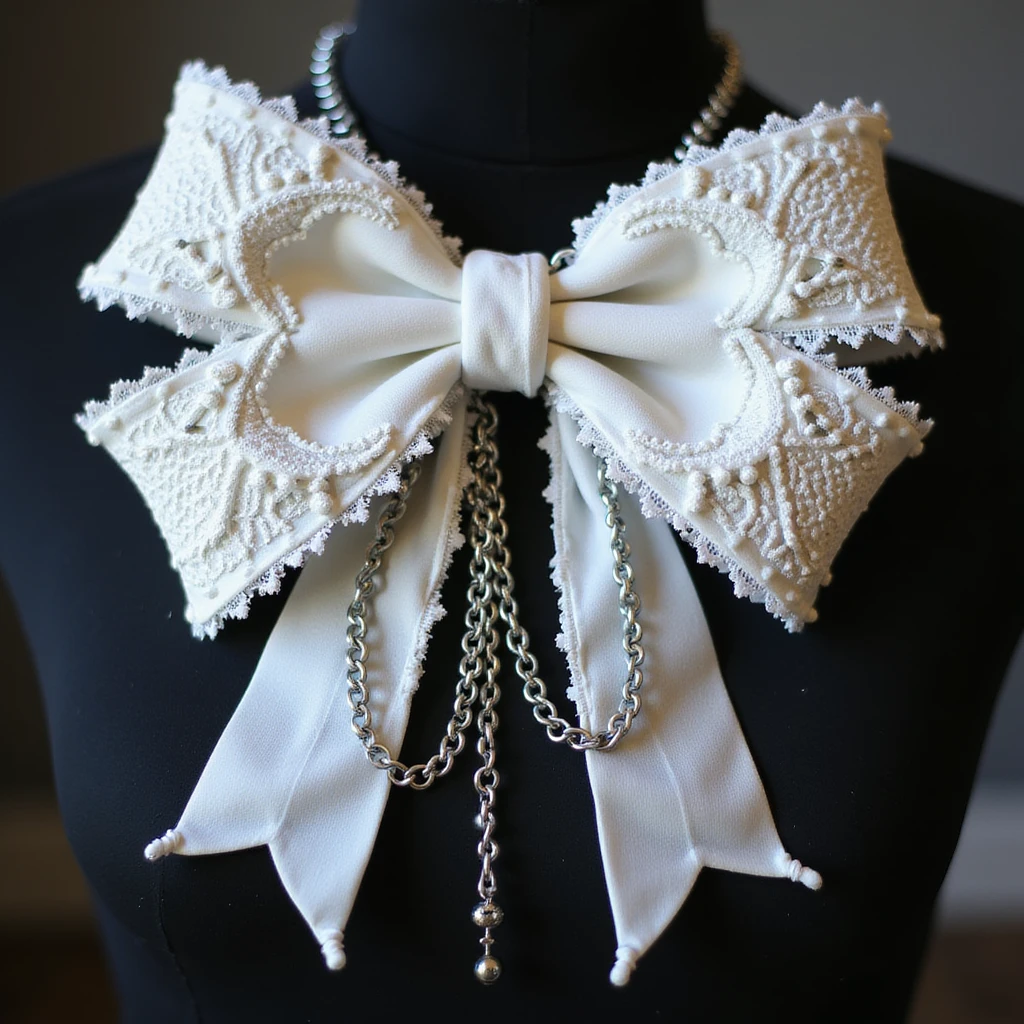 realistic white gothic bow with lace, dramatic pointed ends, ornate silver chains, transparent background emoji