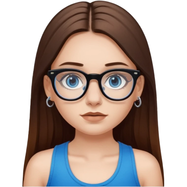 White girl with long straight brown hair and blue eyes wearing plastic frame glasses that go from black to clear ombré from top to bottom. Stud nose piercing on right side of nose and a septum piercing (the ring on bottom of nose). Wearing black tank top. emoji