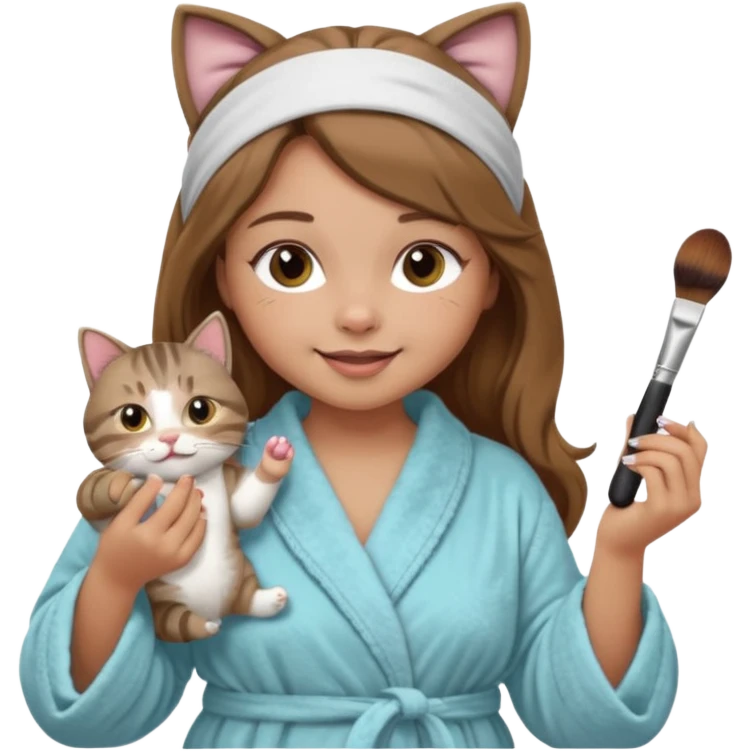A image of a girl with light long brown hair wearing a bathrobe and headband doing her makeup with her chubby grey tabby cat. She is smiling emoji