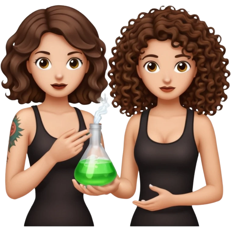 wrong mixture — long wavy brown hair tattooed woman and short tight curly brown hair woman — panic holding glowing flask emoji