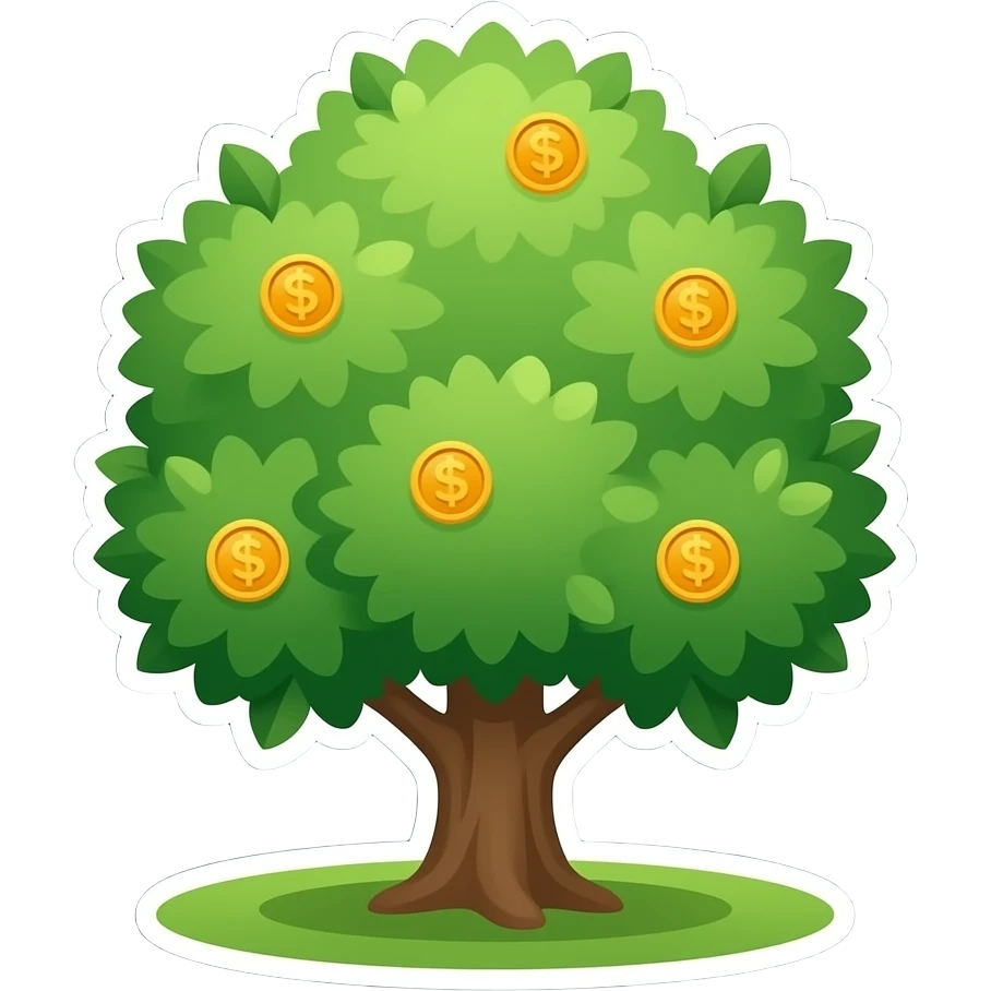 Apple-style money tree, round soft green canopy. No pot, no ground — only the tree. Small gold coins as fruits inside the leaves. Flat 2D vector, clean shapes, no gradients. Dark near-black background, premium fintech icon. emoji
