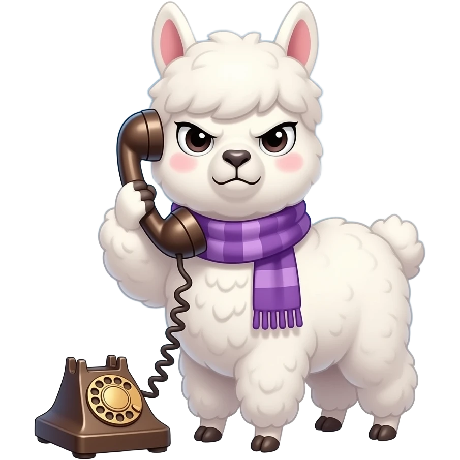 White chibi alpaca in purple scarf, intensely angry scowling face, one hoof holding a vintage rotary phone to its ear, "WTF!" speech bubble above head, epic cloudy **Makoto Shinkai** sky background, dramatic lighting, anime style. emoji