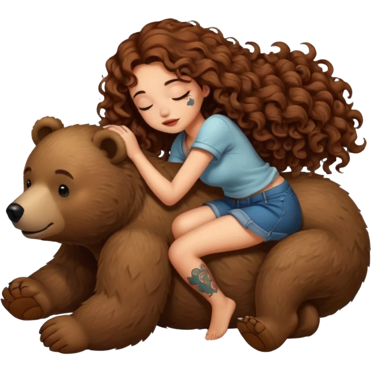 cute woman long curly brown hair tattoos riding sleepy bear emoji