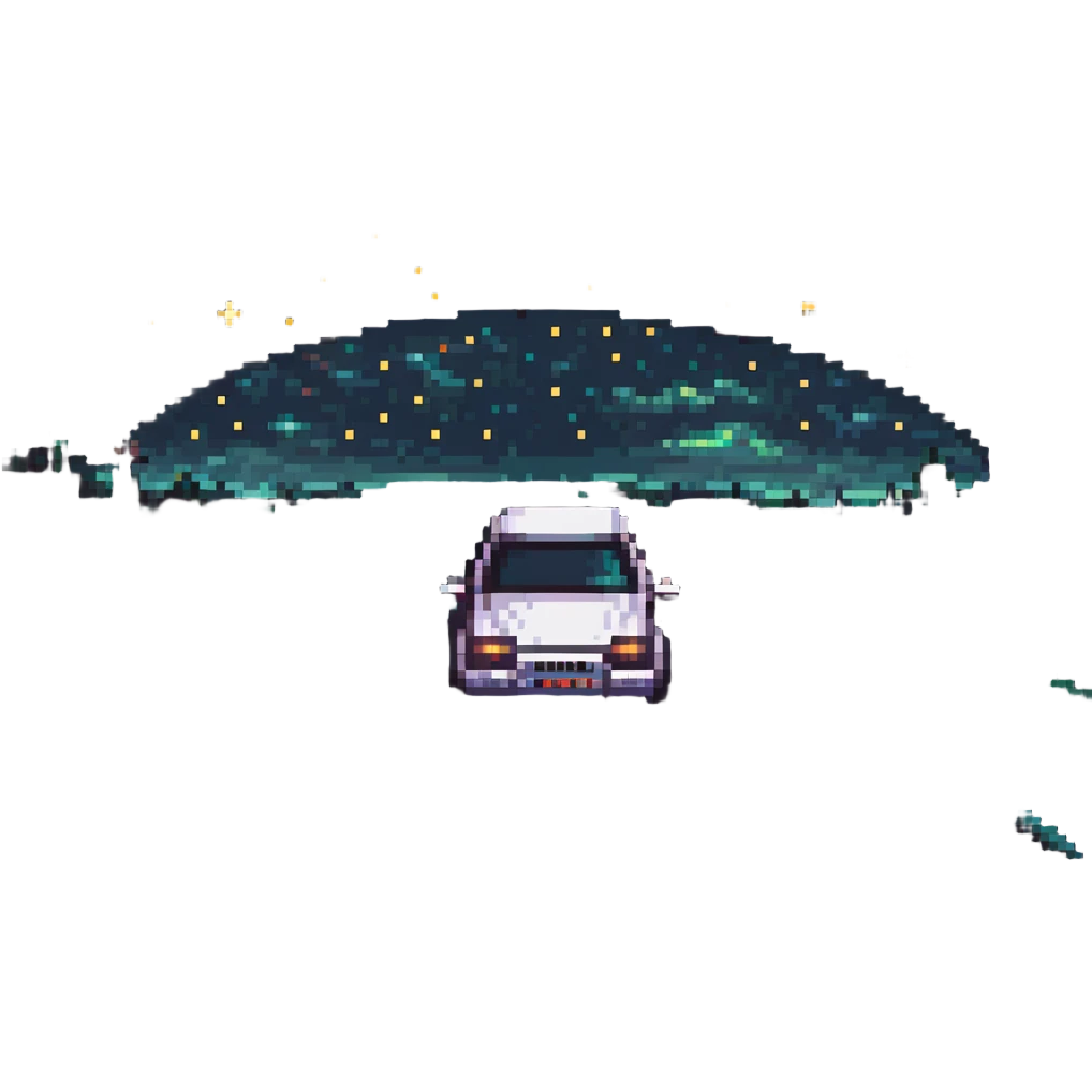 car driving on a dark road at night with stars emoji