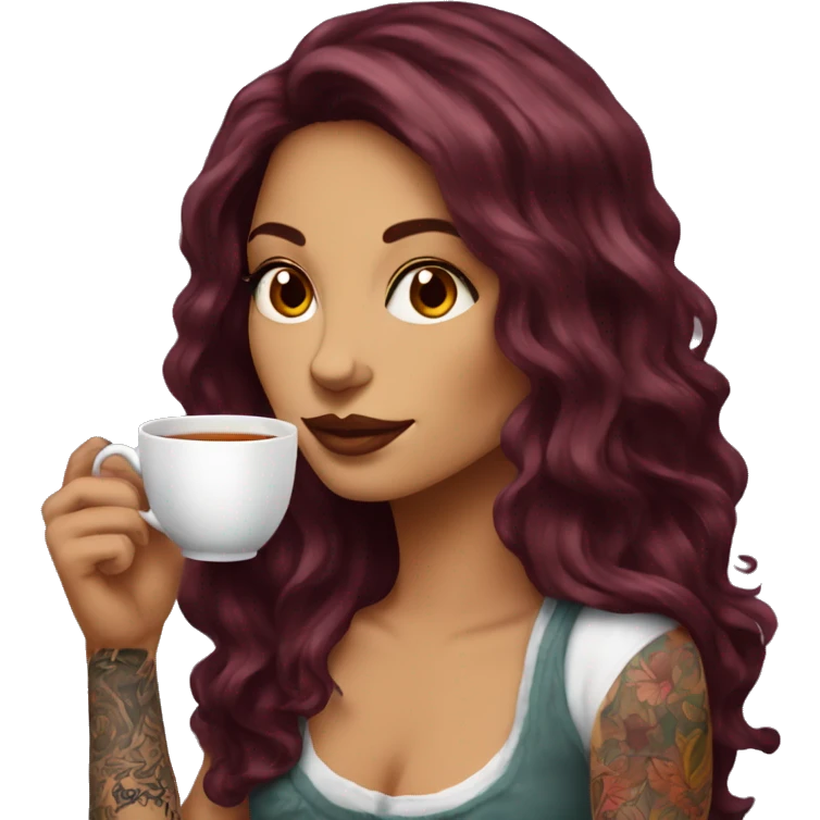 Beautiful tattooed  burgundy long haired woman sipping tea emoji