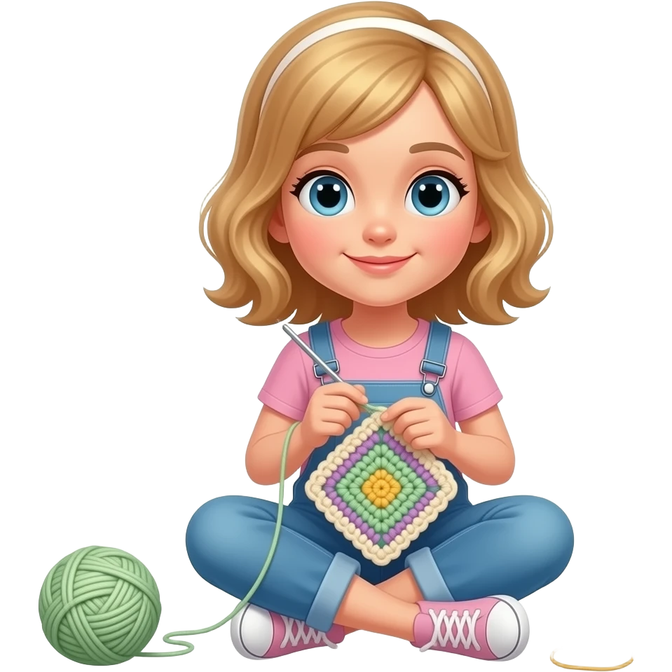 white Girl sitting doing crochet emoji