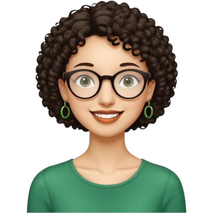Slim, very slender woman with light skin, short dark curly hair, large brown eyes, black round glasses, big green earrings, thin arms and narrow shoulders, warm wide smile, friendly and intelligent expression. emoji