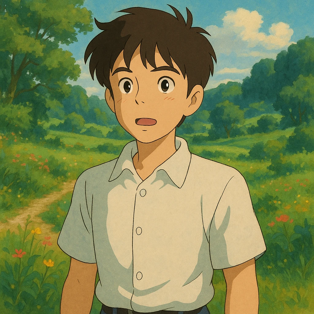 male torso point of view in ghibli style, detailed and expressive emoji