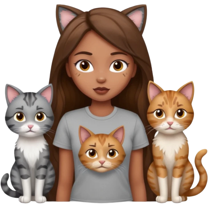 a pretty bratz dusky girl with long brown hair with four cats nd wearing a grey tshirt emoji