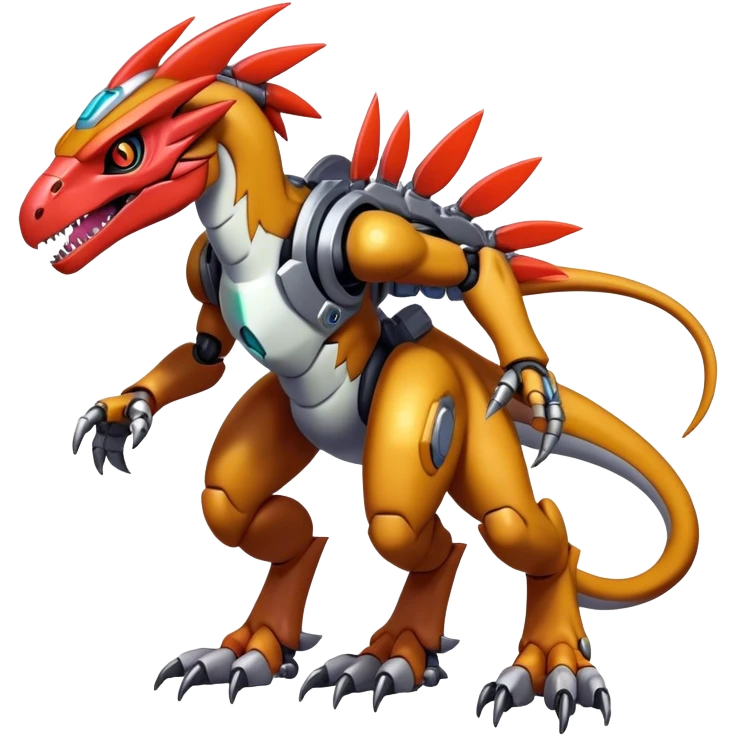 Furry maned Cool Edgy badass Futuristic shiny colorful cyborg-Digimon-Fakemon-Guilmon-Velociraptor-Mecha full body  emoji