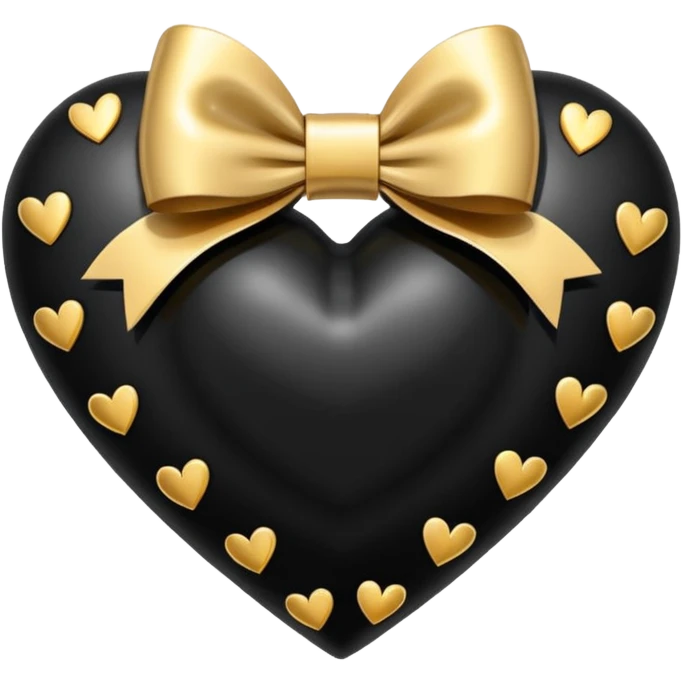 glossy stitched black heart with a gold bow and heart pattern on the bow emoji
