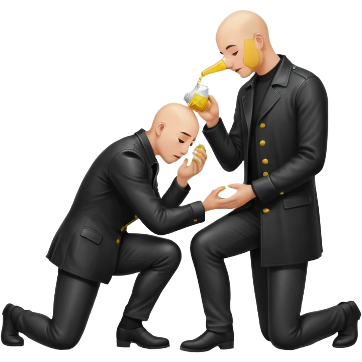 Bald man on his knees submissive to tall, standing man in leather, pouring piss down his throat emoji