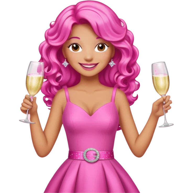One lady with long hot pink curled hair and tan skin wearing a pink dress with sparkly belt holding a glass of pink champagne in each hand smiling cheerfully  emoji