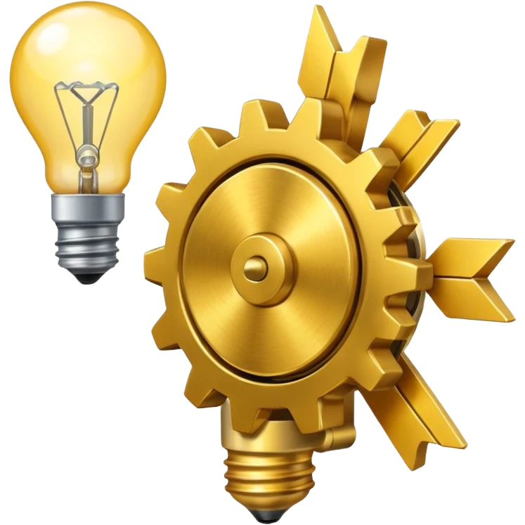 a gear with golden raising arrow behind it on the right side, and then a small golden beaming light bulb on the left side emoji