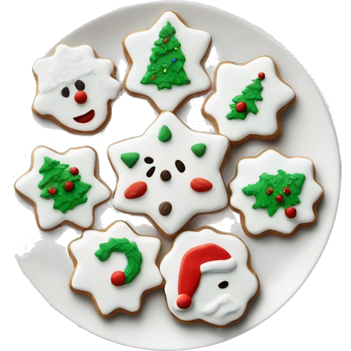 Christmas cookies with white frosting on a white china plate  emoji