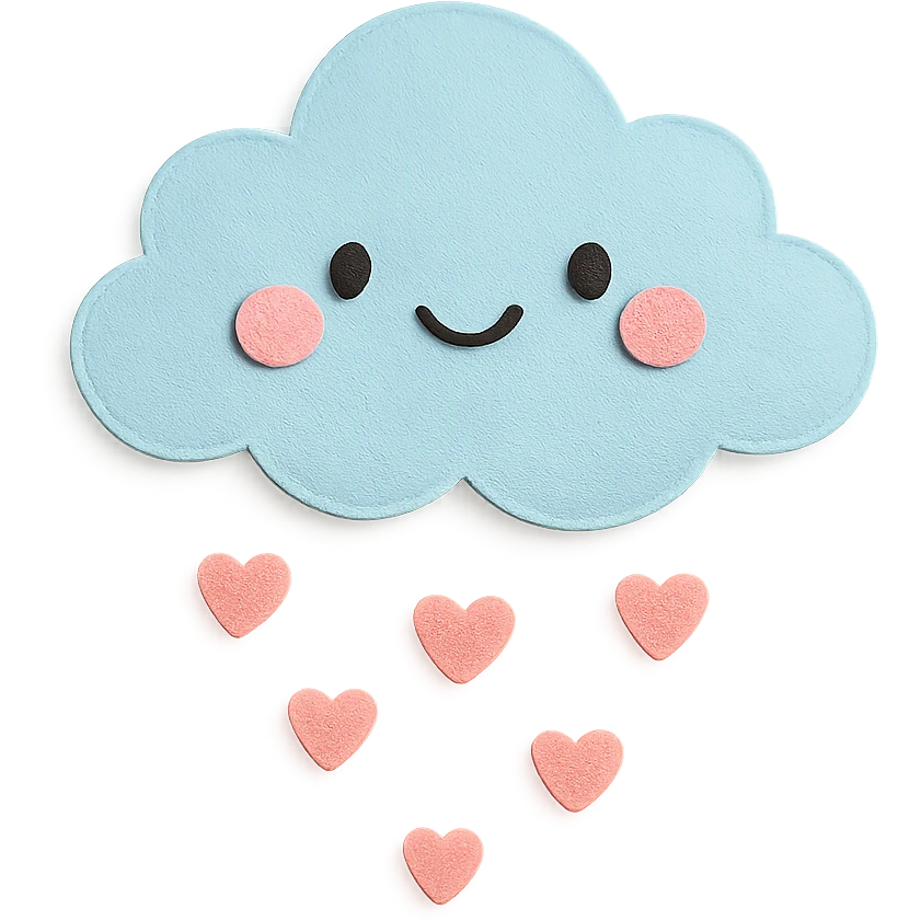adorable pastel small fluffy cloud, raining tiny pink hearts, no arms or legs, full body, kawaii paper craft style emoji