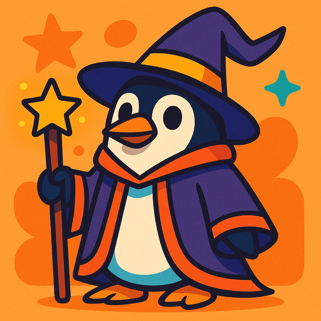 a penguin dressed as a wizard, with a pointy hat and a magic staff, charming colorful style emoji