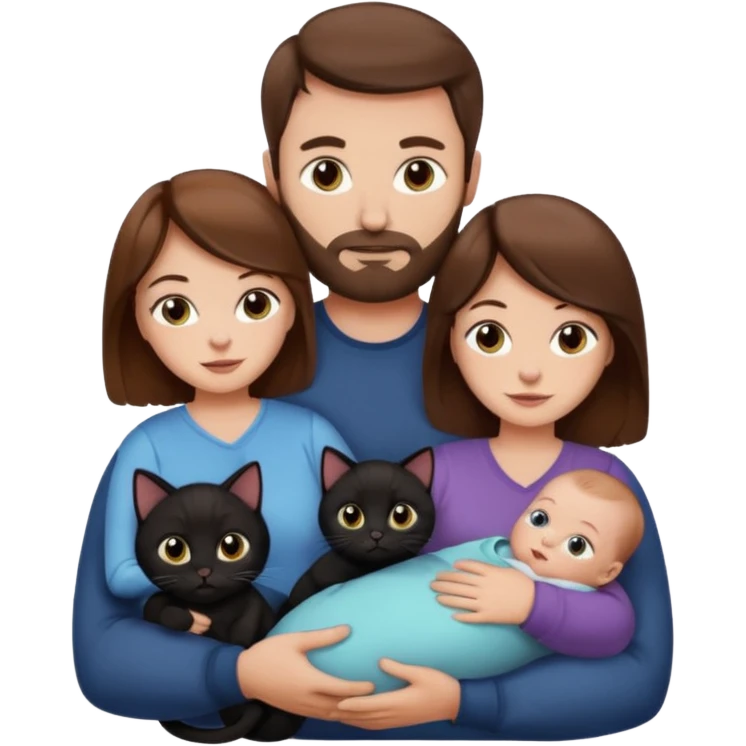 1 mom brown hair, 1 dad no beard, 1 baby and 1 black cat emoji