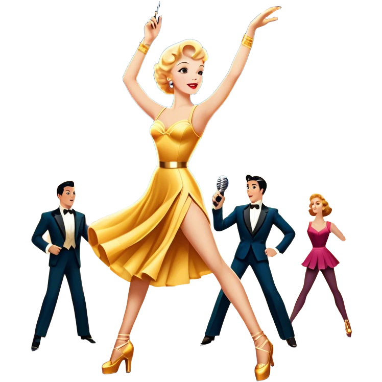 Vintage movie poster-style icon for a musical film. The cityscape glows in the background, evoking the golden era of musicals. A vibrant street scene with bright lights, dancers mid-step, a singer with a microphone among the skyscrapers. Transparent background. emoji