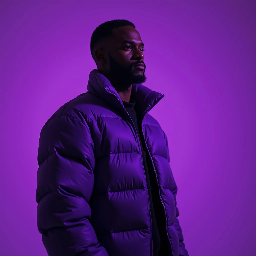 Cinematic still of a black man in purple puffer abstract jacket, purple solid background, cinematic soft lightning emoji