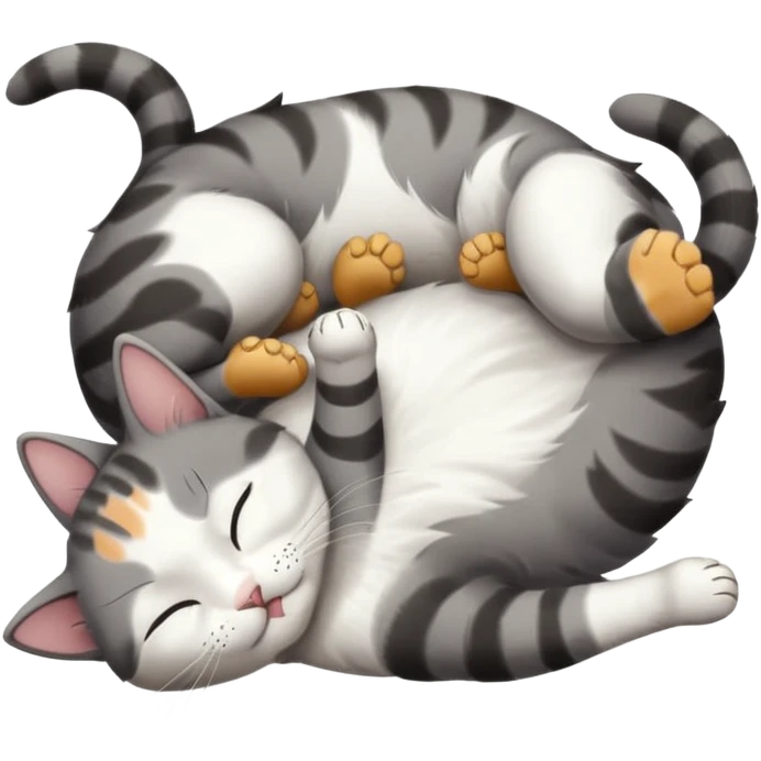 grey and white small cat eyes closed lying down upside down with paws stretched out straight in different directions emoji
