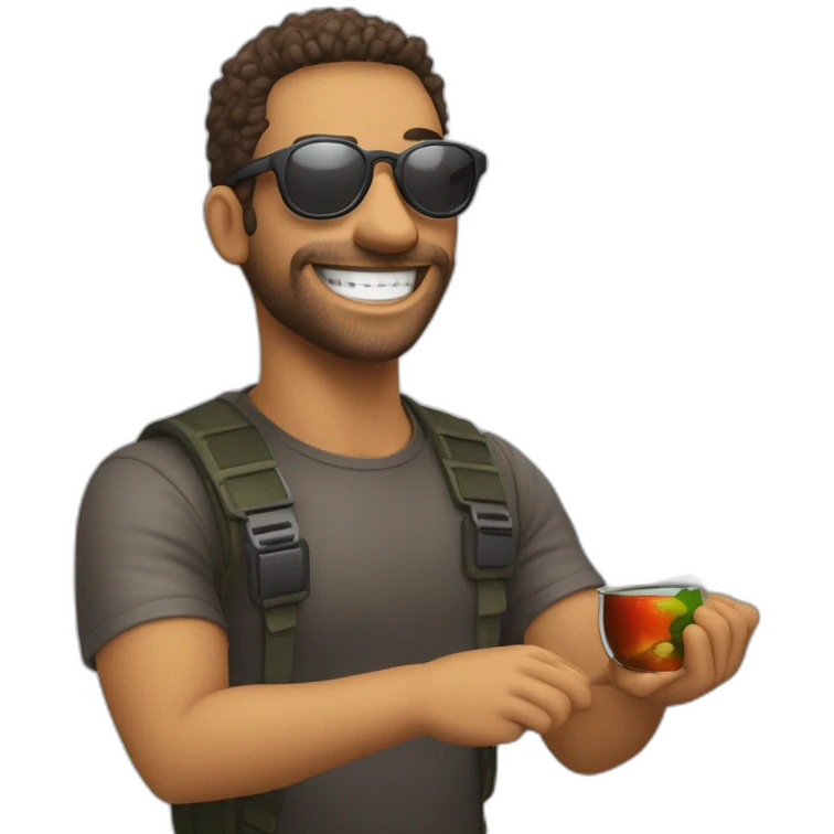 persona sonriendo con gafas de sol y mostrar la persona parada haciendo una seña con el pulgar solo y agarrandose los lentes con la otra mano emoji