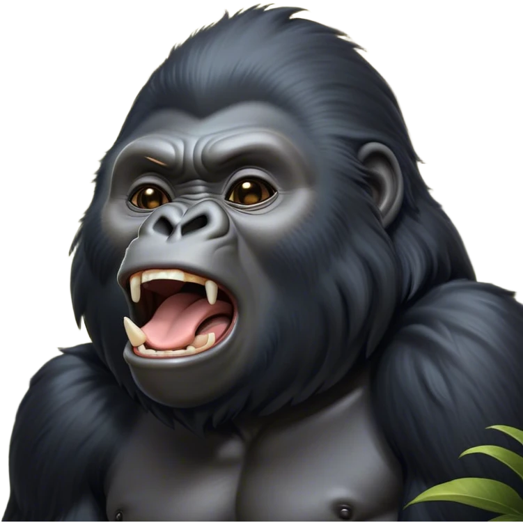 Cinematic Cute Yawning mountain Gorilla Portrait Emoji, Head tilted slightly with a dramatic, wide-open yawn, showcasing a formidable build with a silvery mane and drowsy, half-closed eyes, Simplified yet irresistibly adorable features, highly detailed, glowing with a soft, cozy jungle glow, high shine, relaxed yet expressive, stylized with a dash of whimsical primate charm, soft glowing outline, capturing the essence of a drowsy yet affectionate guardian that appears ready to stretch out for a nap! emoji