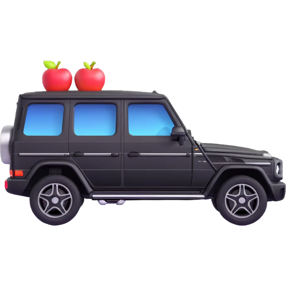 Create a small and simple Mercedes G-Class SUV in exact side view angle as the reference image. The design should be minimized in details, black color, colorful and friendly, in a 3D Apple emoji-like style. emoji