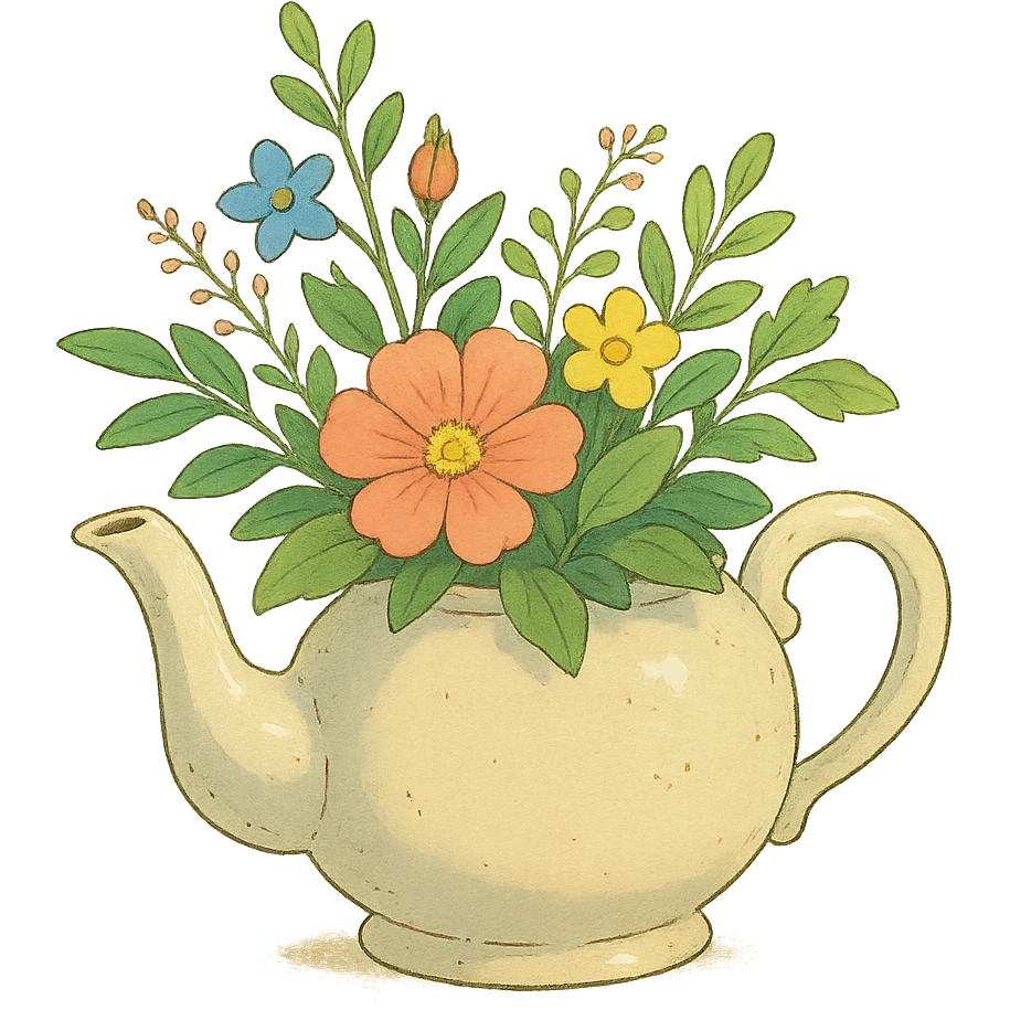 teapot with flowers and leaves in ghibli style, delicate, detailed, natural elements emoji