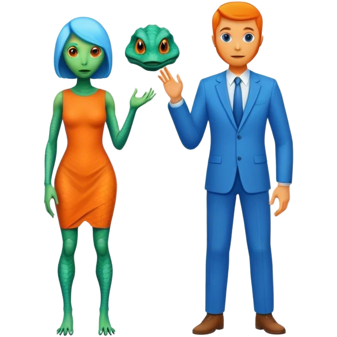 A reptilian alien woman in orange dress and human man in blue dress emoji