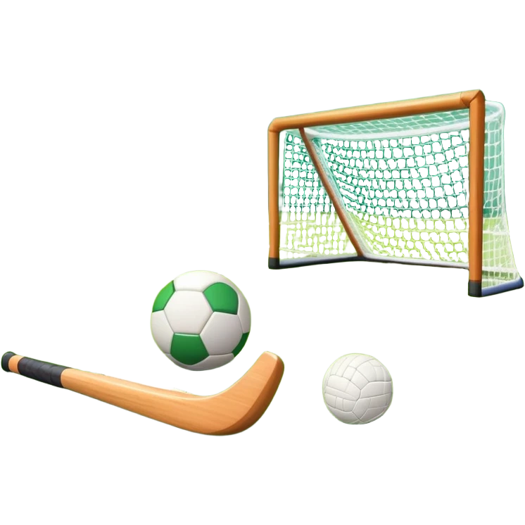 A field hockey stick and ball resting on a well-maintained green grass field, with the goalposts and markings visible in the background. The scene highlights the precision and focus of the sport, with the vibrant green pitch creating a dynamic atmosphere. emoji